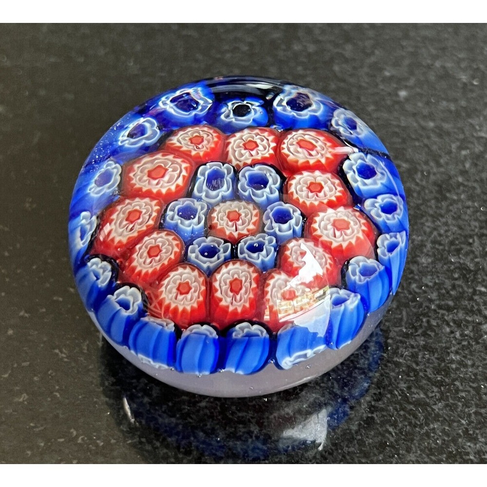 Vintage Murano Millifiori Glass Paperweight 2 1/2" x 1.75" Red White and Blue